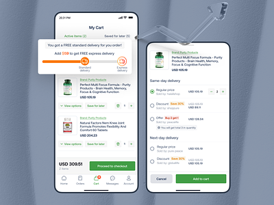 Boosting e-commerce sales, UX design strategies for delivery app cart ux check out clean delivery mobile app delivery progress express delivery free shipping incentive medicine mobile app pharmacy app pricing options reward customers shopping cart shopping mobile ui ux