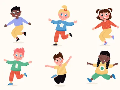 Set of happy international children girls and boys african american boy childhood children education fun girl joy jumping kid little people school young