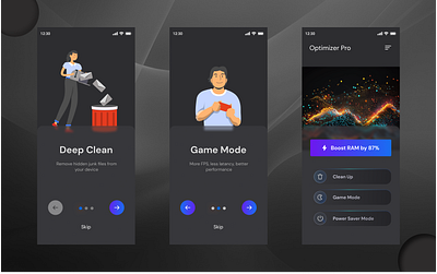 Junk cleaner application(Dark Mode) design graphic design mobile mobile app ui ux webapp