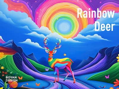 Beautiful rainbow deer in colourful mountains brand 五颜六色 作品 动物 天空 太阳 山脉 幻想 彩虹 扭曲 抽象 景色 梦幻 河流 波普艺术 绘画 艺术 风景 飘带 鹿