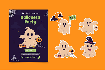 Invitation to a Halloween party. Stickers ghost character autumn boo character ghost halloween invitation night october party pumpkin spooky sticker treat