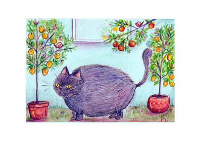 Cat and citrus 1 art illustration