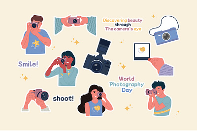 Stickers for world photographer's day with lettering. camera event lettering men photograph photographer photography stickers text woman world
