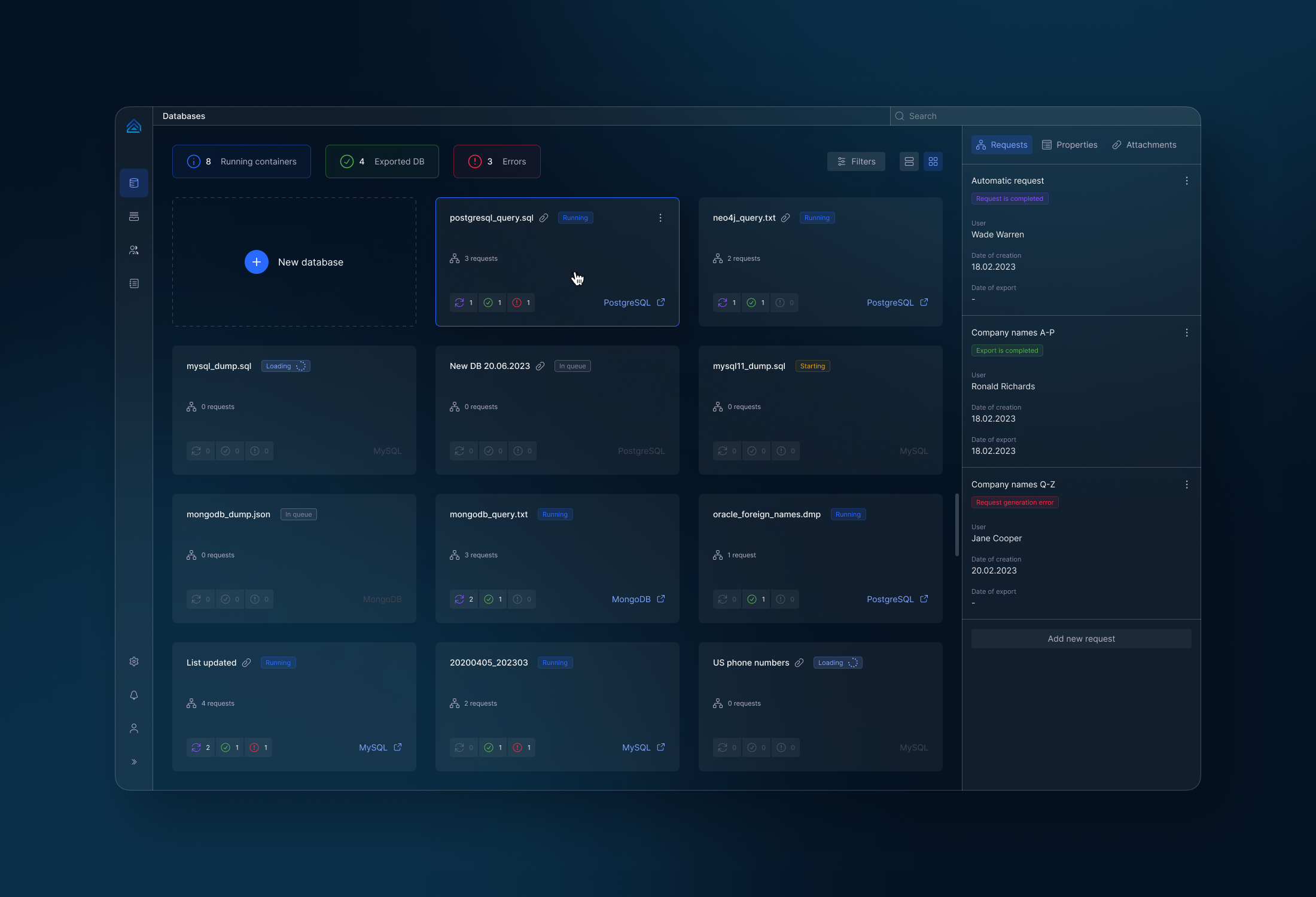 Database storage (cards view) add new app application card card ui cards view complex ui components dark theme database interface menu sidepage statistics tabs tags ui web app