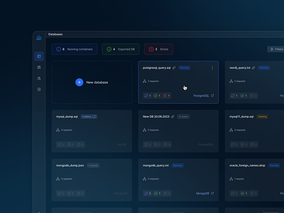 Database storage (cards view) add new app application card card ui cards view complex ui components dark theme database interface menu sidepage statistics tabs tags ui web app