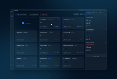 Database storage (cards view) add new app application card card ui cards view complex ui components dark theme database interface menu sidepage statistics tabs tags ui web app