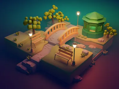 Park - evening view 3d banks blender city evening fog illustration kiosk lamps night park tiny scene walk