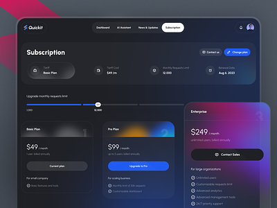 Quickit - Subscription page for AI Interfaces & Dashboards app crm dark dashboard design free freebie gradient price purple quickit red subscription tariff template theme udix ui ux web