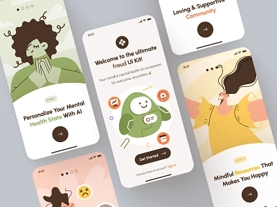 freud UI Kit: AI Mental Health App | Welcome UI/UX Mobile Screen ai mental health app clean green health healthcare healthcare ai meditation app mental health mental health ai mindfulness app minimal mobile onboarding orange ui ui kit virtual care welcome wellness