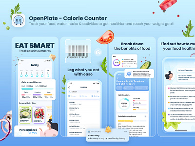 ASO Design for OpenPlate - Calorie Counter app aso branding calorie calorie counter counter design diet fasting food fruits graphic design illustration meal openplate tracker ui vegetable