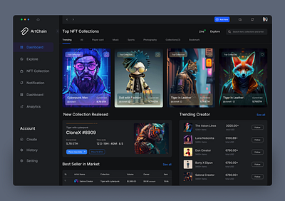 NFT Marketplace Dashboard animation app bitcoin blockchain characters components creators crypto dashboard design digital art marketplace nft nft app nft dashboard nft marketplace ui uidesign web app website design