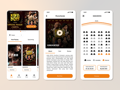 Movie Ticket Booking App app cinema clean dark dark mode drama figma film ios mobile app movie ticket seat ticket ui design uiux user interface