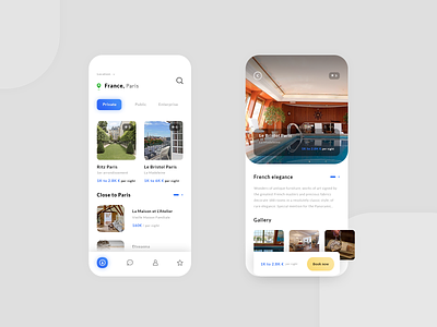 Hotels App book now brand branding close to paris creativemarket exploration french elegance graphic design hotel trip illustrator ai photoshop psd picture gallery pins map location icon premium download print designer product designer search bar seraphin brice typo typography ui ux designer