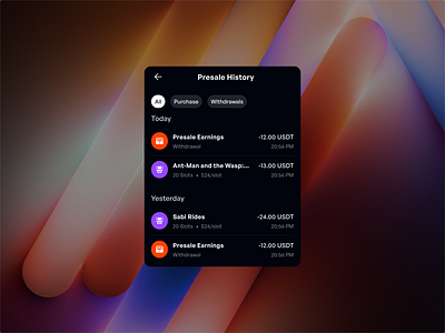 Wallet Extension - Presale History animation app crypto deposit deposits design desktop figma minimal modal movie presale tabs transaction tvshow ui ux web web3 webapp