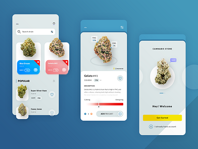 Cannabis App n°1 360 degrees view app application brand branding cannabinoid cannabis effect calming energizing get started graphic design illustrator ai log in sign in mobile smartphone photoshop psd popular filter print designer search drafts thc cbd cbg typo typography ui ux designer