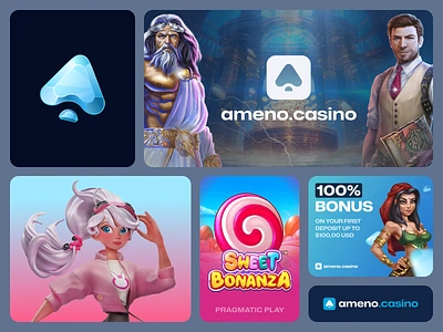 Ameno Casino Branding 3d banner betting brandbook branding casino casino games casino logo character gambling game gaming girl logo logotype mascot online casino slots symbol wager