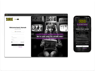 SURGE News: Desktop & Mobile Login Screens arcade dailyui design desktop gaming graphic design mobile ui ux visual design web design wireframes