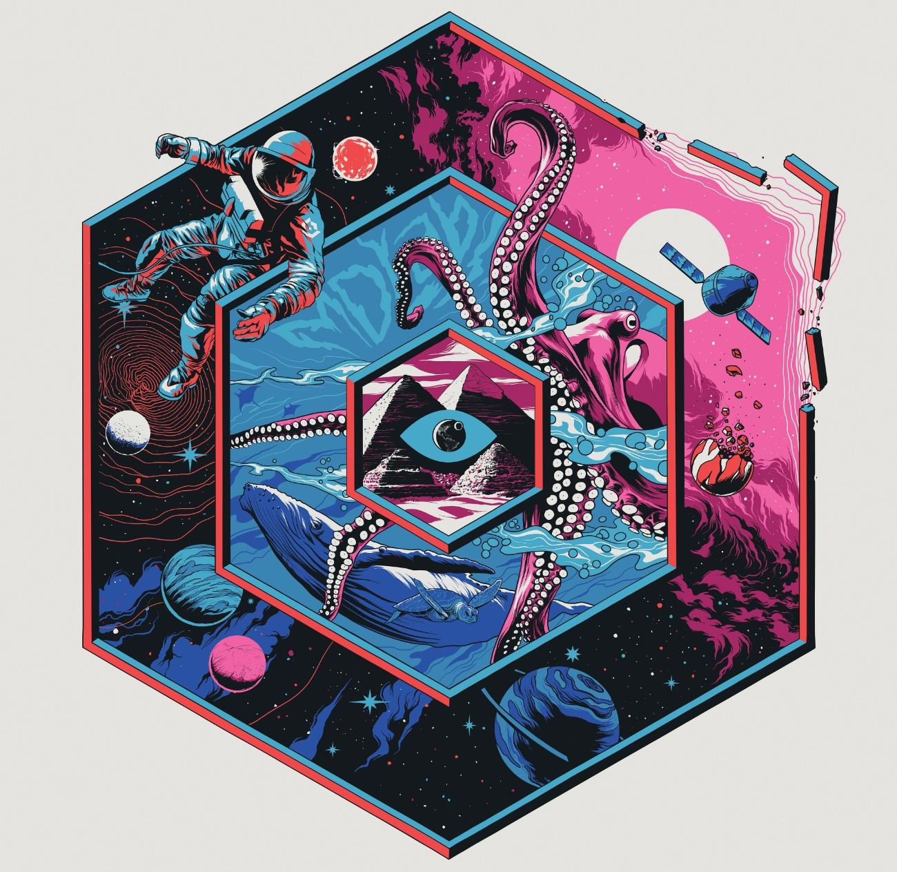 Portals 2 astronaut black hole capsule earth energy hexagon illustration minds eye multi dimension nebula octopus portal space stars third eye underwater