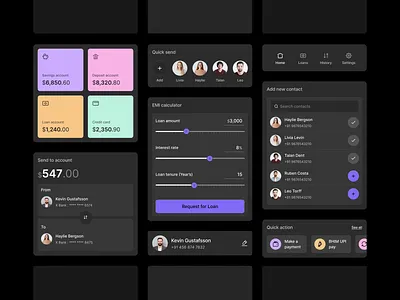 Payment app components: dark akhil sunny app asish sunny cards clean components dark design minimal payment pixalchemy product search select transfer ui ux