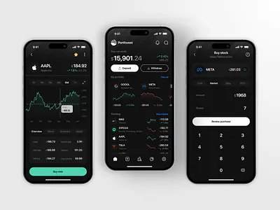 Stock Management iOS Application-Dark Theme app chart clean crypto design finance financial investment ios market minimal money payment portfolio stock trade trading ui user interface wallet