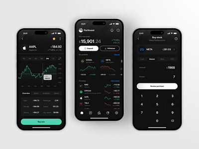 Stock Management iOS Application-Dark Theme app chart clean crypto design finance financial investment ios market minimal money payment portfolio stock trade trading ui user interface wallet