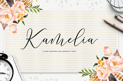 Kamelia Script branding cover design display fonts headlines illustration logo modern wedding