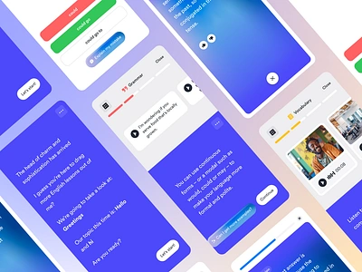 AI Language Learning App ai app app design audio bar button card chunky correct grammar incorrect language learning progress purple ui ux vocabulary