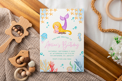 Watercolor Mermaid Theme Birthday Invitation - Editable Template birthday invitation childrens illustration design digital invitation elegant graphic design illustration minimal nursery watercolor