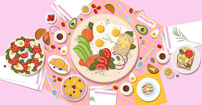 Pink breakfast bread breakfast cafe coffee donut eggs food illustration fork pink restaraunt spoon tasty vector