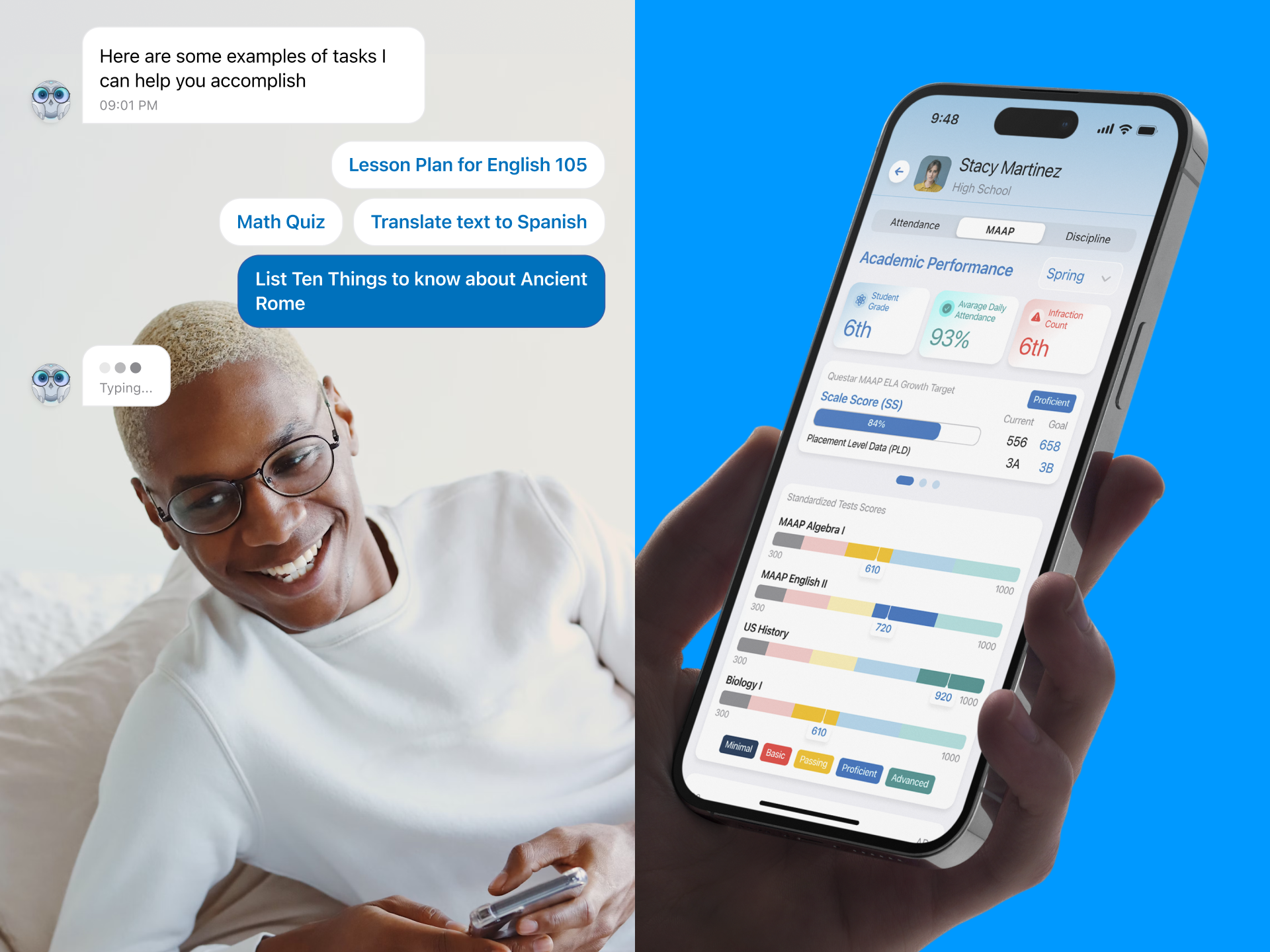 AI chat and managment for students in US schools ai chat dasboard dashboard design flat design graphs lessons managment metrics mobile app school schoolar student typography ui ux