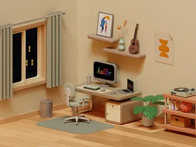 Creative Space - 3D Illustration 3d 3d basket 3d book 3d chair 3d computer 3d desk 3d floor 3d guitar 3d illustration 3d keyboard 3d laptop 3d monstera 3d object 3d plant 3d poster 3d room 3d table 3d trash 3dturntable rizki agus