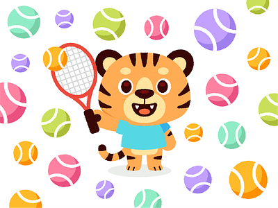 Kids Sport Tiger Mascot ball branding cartoon character children colorful cute digital flat funny game happy illustration kawaii kids logo mascot sport tennis tiger