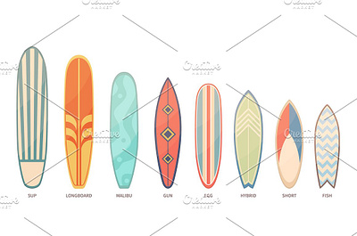 Color surfboards set. Patterned board california different equipment hawaii hybrid longboard ocean sea sport summer sup surf surfboard surfboarding type wave wooden