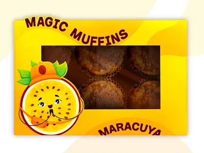 Muffin packaging with passion fruit brand character brand character branding bright character cute design food illustration illustration kids maffin maracuya mascot packaging passion fruit photoshop