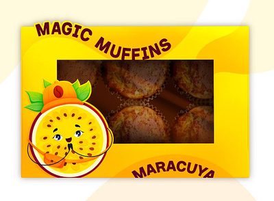 Muffin packaging with passion fruit brand character brand character branding bright character cute design food illustration illustration kids maffin maracuya mascot packaging passion fruit photoshop