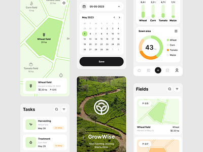 GrowWise. Agriculture App agriculture agriculture app app app design branding calendar crop design farm farmer field interaction logo map mobile app nature task task management ui ux