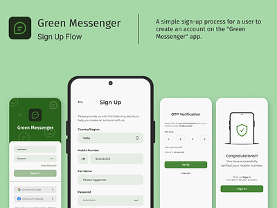 Green Messenger - Sign Up Flow android app design basicflows dailyui dailyuichallenge dailyuiux designuiux graphic design login flow message app message app uiux messaging app ui messenger app messenger ui messenger ui design mobile app design mobileappdesign sign up flow uiuxdesign user flow