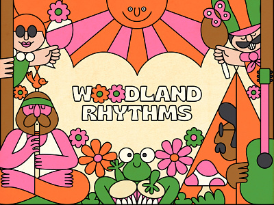 Woodland Rhythms Festival Poster 60s 70s camping character character design festival festival poster flower power frog hippies illustration mid century illustration music procreate psychedelia psychedelic retro vector vintage woodland