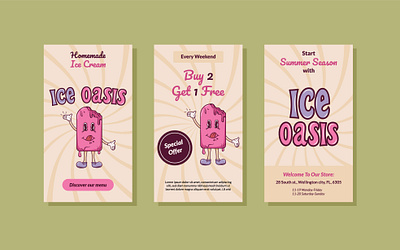 Instagram story for ice cream cafe. Groovy style. branding cafe dessert food graphic design groovy ice ice cream illustration instagram logo mascot product retro story style summer tasty vector vintage