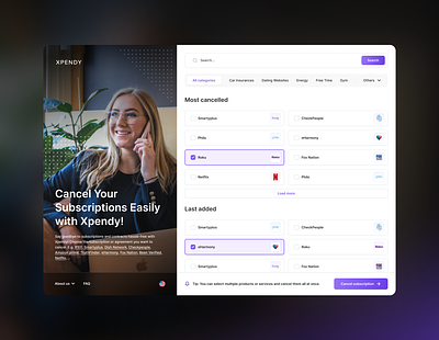 Xpendy - Homepage redesign concept app applicaiton brands cancel cancellation categories design form gradient grid interface layout purple search subscription tags ui
