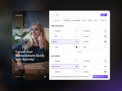 Xpendy - Homepage redesign concept app applicaiton brands cancel cancellation categories design form gradient grid interface layout purple search subscription tags ui