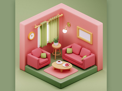Living room 3d barbie blender box children design doll donut illustration interior isometric living minimal pink room simple