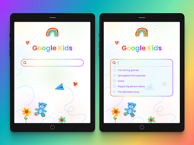 DailyUI 22: Search - Google Kids app colorful dailyui dailyui022 dailyui22 design google google search ipad kids mini parental rainbow redesign safe search search bar ui ux