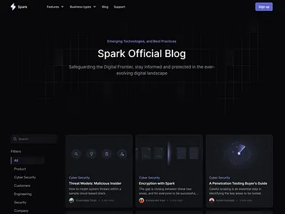 Spark || Blog Page cards dark mode dark theme design filters nav bar product design search bar ux web design