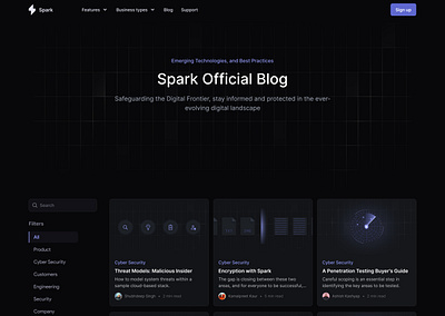 Spark || Blog Page cards dark mode dark theme design filters nav bar product design search bar ux web design