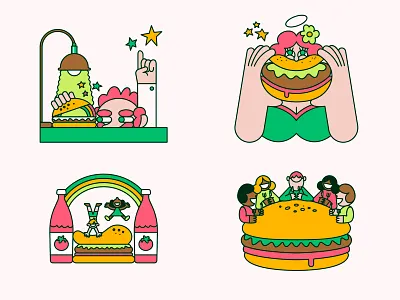 Power Plants Spot Illustrations 60s 70s brand brand identity branding burger character character design illustration meat alternative plant based procreate psychedelia psychedelic rainbow retro spot illustrations vector vegan food vintage