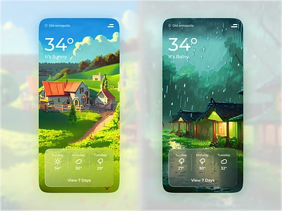 Weather App app app design art city climate cloud day forecast illustration location minimalist nature night overcast rain sun sunny village weather weather app