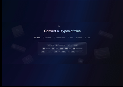 file converter - file type list section animation animation converter dark mode figma prototype file converter file type file upload folder home page landing page prototype upload web design website