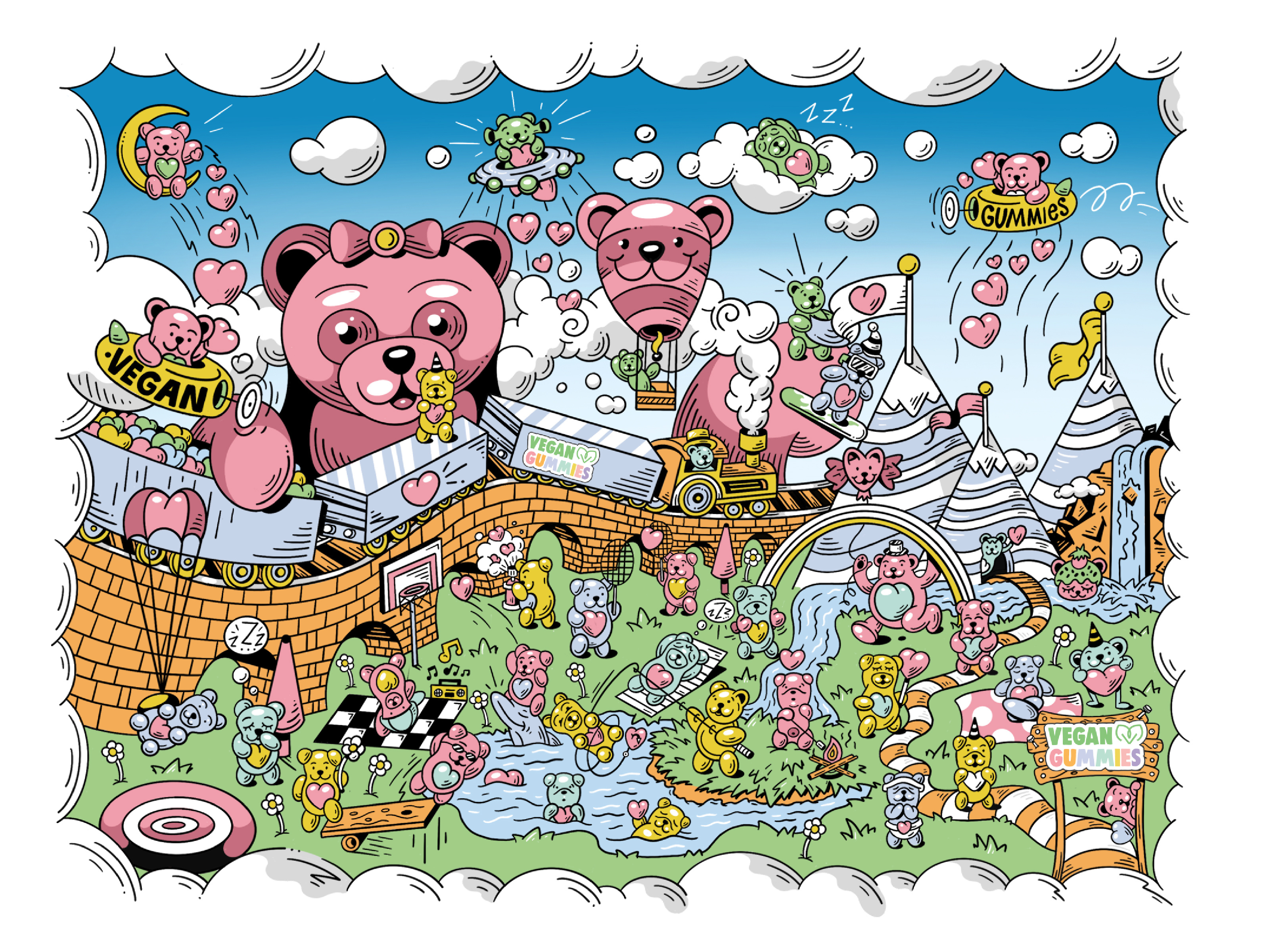 The Universe of edible CBD Gummies 2d 420 cartoon cartoonish cbd character chill dribbble shot edible gummies gummy illustration ipadpro line art love procreate scene universe