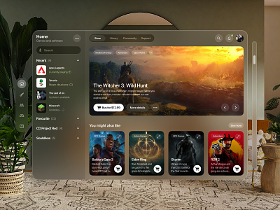 Steam redesign - Apple Vision OS apple apple ui apple vision os apple vision pro ar clean clean ui gaming graphics minimalism product design redesign steam steam redesign ui vr